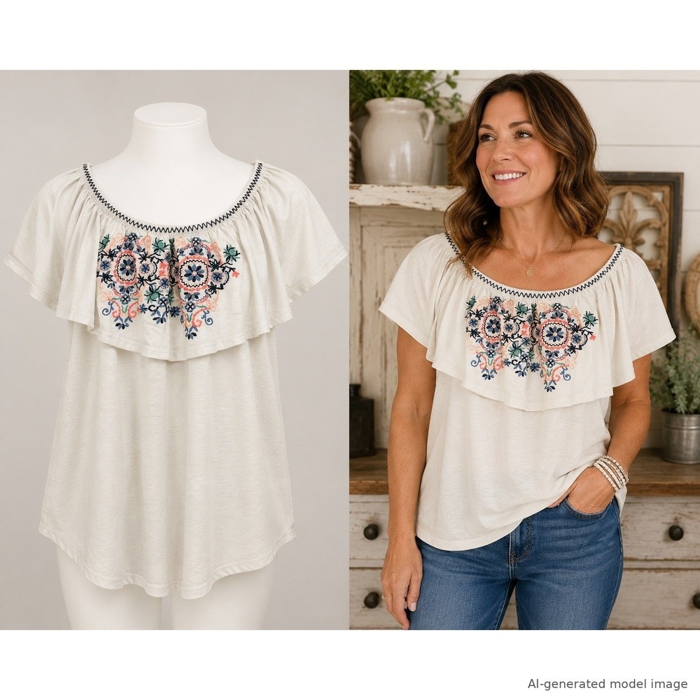 French Laundry Cream Embroidered Boho Ruffle Off Shoulder Top Medium